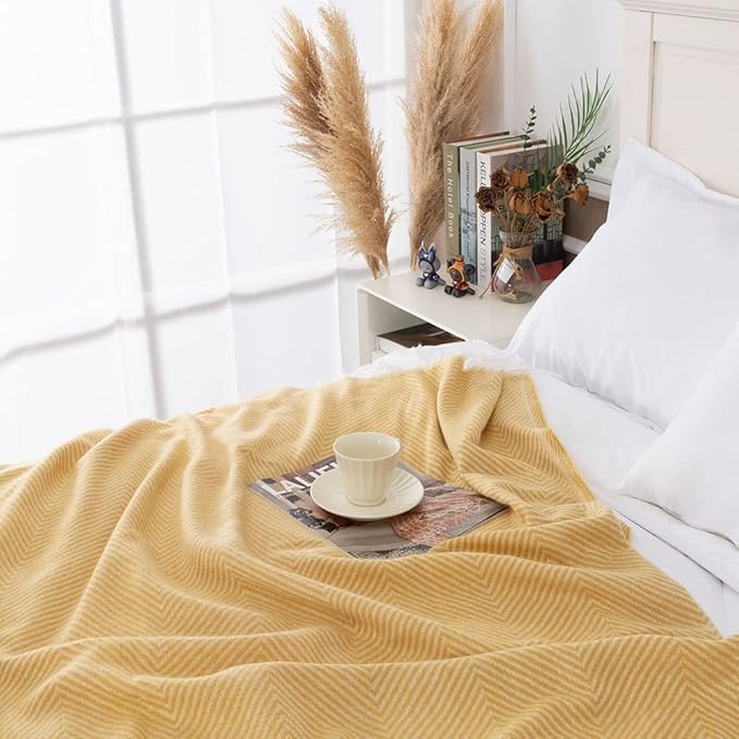 Gealaek Decorative Herringbone Faux Cashmere Throw Blanket Yellow Cheveron Fringe Lightweight Fuzzy Soft Cozy Throws for Sofa Bed Farmhouse Throw Blanket 50" x 60"