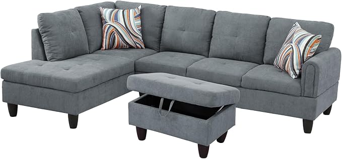 L-Shape 3-Piece Cloud Sofa, Couch for Living Room, Dark Grey Fluffy Fabric L-Shape with Reversible Chaise & Storage Ottoman, Ergonomic 110–115° Recline, Solid-Wood Frame