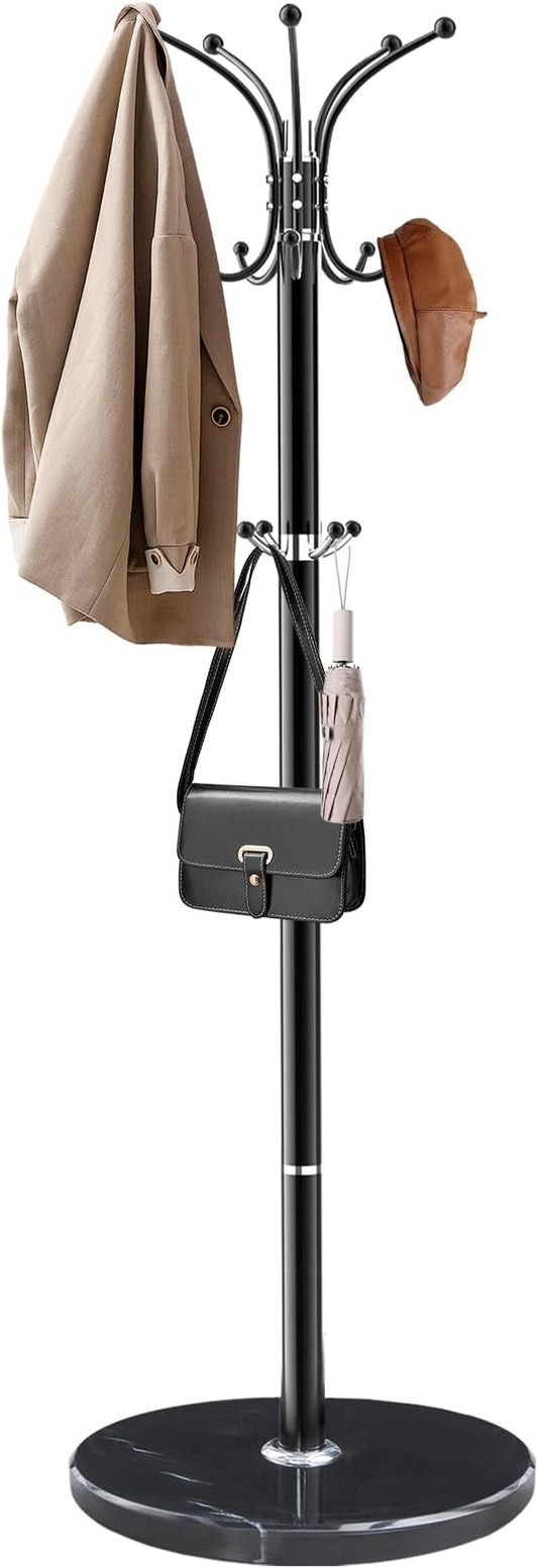 Metal Coat Rack with Natural Marble Base,360°Rotary Coat Rack Stand with 14 Hooks,Modern Freestanging Coat Racks for Entryway,Office,Black Coat Jacket Hanger Tree Stand for Coats, Scarves