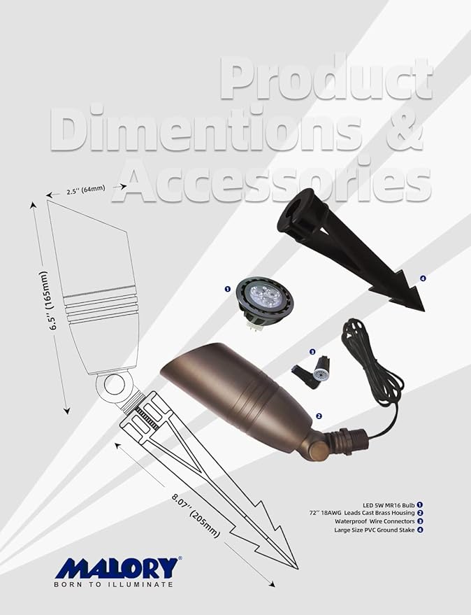 MALORY Brass Landscape Spotlights 6-Pack with Bulb Kit(S02), Low Voltage 12V AC/DC LED Outdoor Spot Uplights for House and Tree,PVC Ground Stake and Wire Connector Included, 5W 2700K Warm White