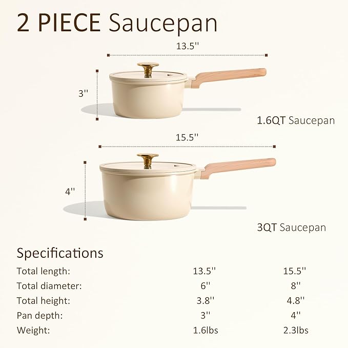 CAROTE 1.6Qt & 3.0Qt Sauce Pan Sets with Lid Ceramic Nonstick Pot Set Non Toxic Saucepan with Stay-cool Handle Small Kitchen Cooking Pots, Easy to Clean, Induction Comptable, PFOA FREE