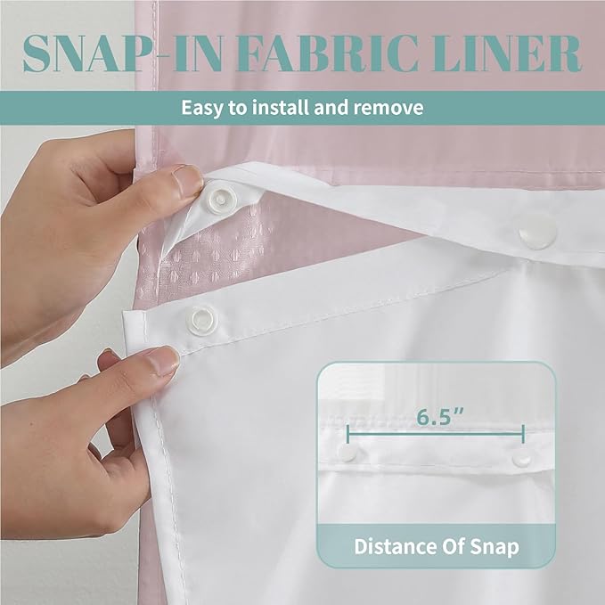 BlushPink Long No Hook Waffle Weave Shower Curtain with snap-in Liner Replacement, 230GSM Waterproof Fabric Hotel Shower Curtain Set for Bathroom, Through Mesh Top Window,71Wx80H