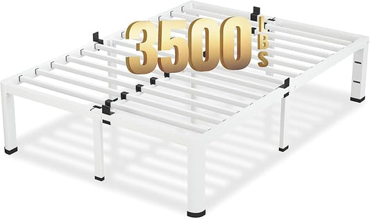 18 Inch Queen Size White Bed Frame, 3500Lbs Heavy Duty Metal Platform with Round Corner Legs Mattress Slide Stopper, Steel Slat Support No Box Spring Needed, Noise Free, Easy Assembly