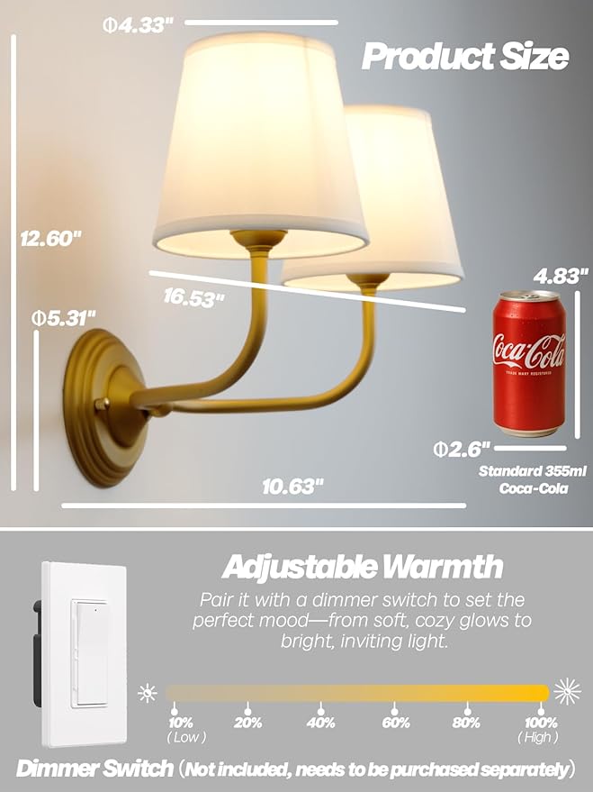 Vintage 2-Lights Fabric Wall Sconce with White Cloth Shade, Double Arm Wall Lamp Fixture for Bathroom Bedroom Living Room Hallway