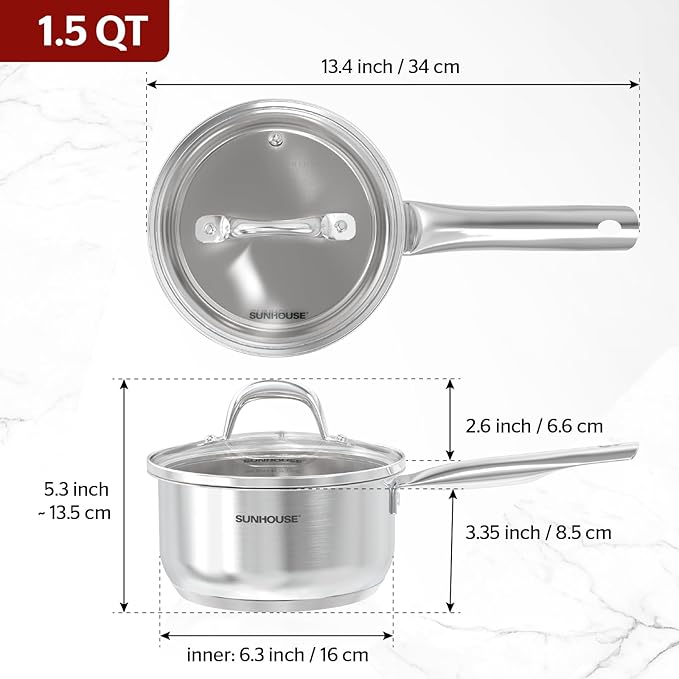 SUNHOUSE – 2 Quarts Stainless Steel Sauce Pan with Lid - PFOA-FREE, Stainless Steel Sauce Pan, Advanced Impact Bonding Induction Base, Stay-Cool Handle, Compatible with All Cooktops