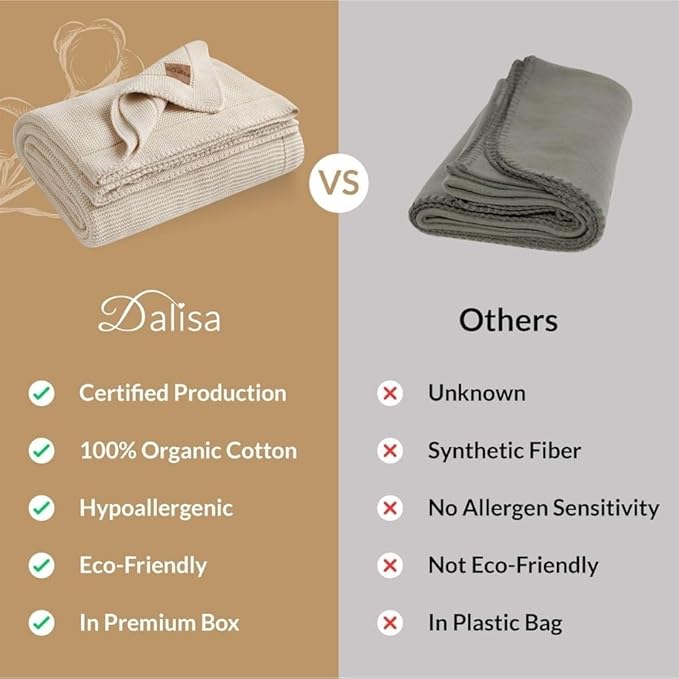 Dalisa 100% Organic Turkish Cotton Throw Blanket - GOTS Certified, Cozy - Perfect for Couch, Bed, and Home Decor - Boho Vintage Knit Alina (Beige, 60x80)