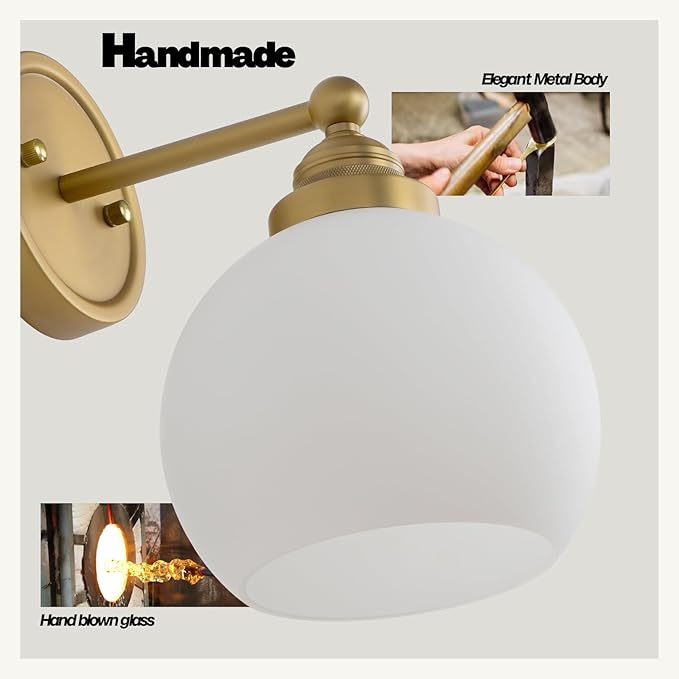Vintage Brass Wall Sconce Light, Industrial Bathroom Vanity Wall Lighting Globe Glass Shade, Indoor Wall Mounted Lamp Fixture for Bedroom Living Room Hallway