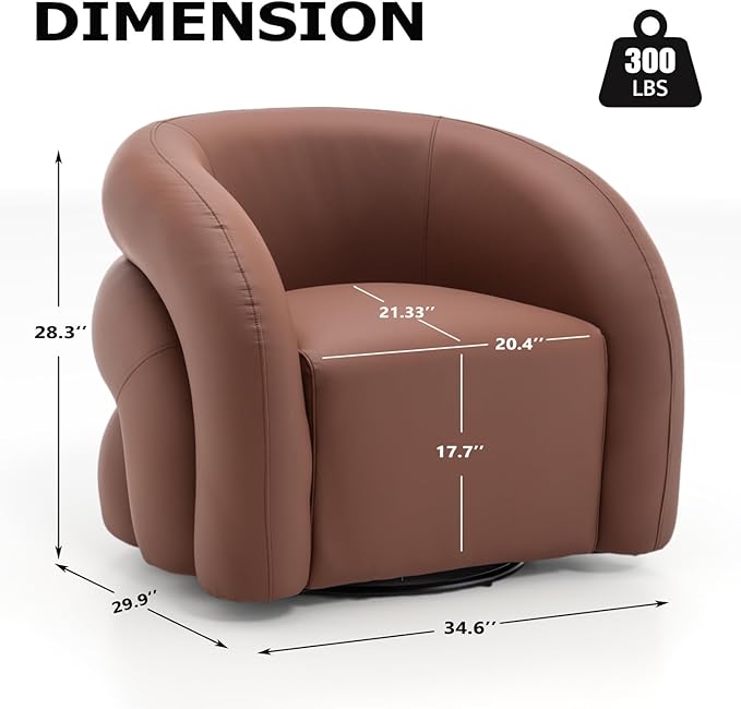 34.6" W Swivel Accent Chair, Modern Round Faux Leather Armchair for Living Room,Upholstered Comfy Sofa Chairs for Bedroom Reading Apartment Lounge,Fully Assembled(Brown)