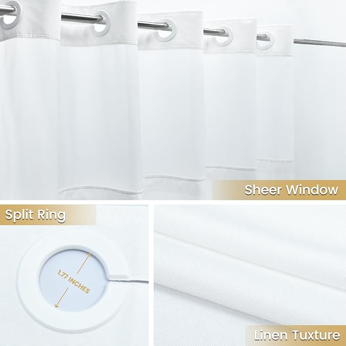 Extra Long No Hook Shower Curtain with Snap in Liner, Polyester Textured Shower Curtain with Liner Set, Waterproof Washable Hotel Style Shower Curtains for Bathroom, 71Wx86H, White
