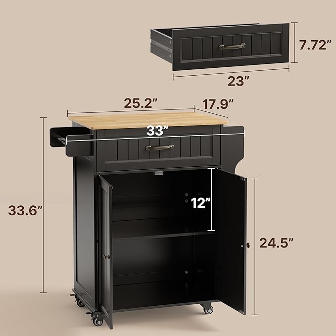 Gizoon Kitchen Island Cart with Rubberwood Top, 33" W Rolling Kitchen Island on Wheels with Adjustable Shelf, Drawer, Spice Rack, Towel Bar, Mobile Storage Cabinet for Dining Room, Home Bar, Black