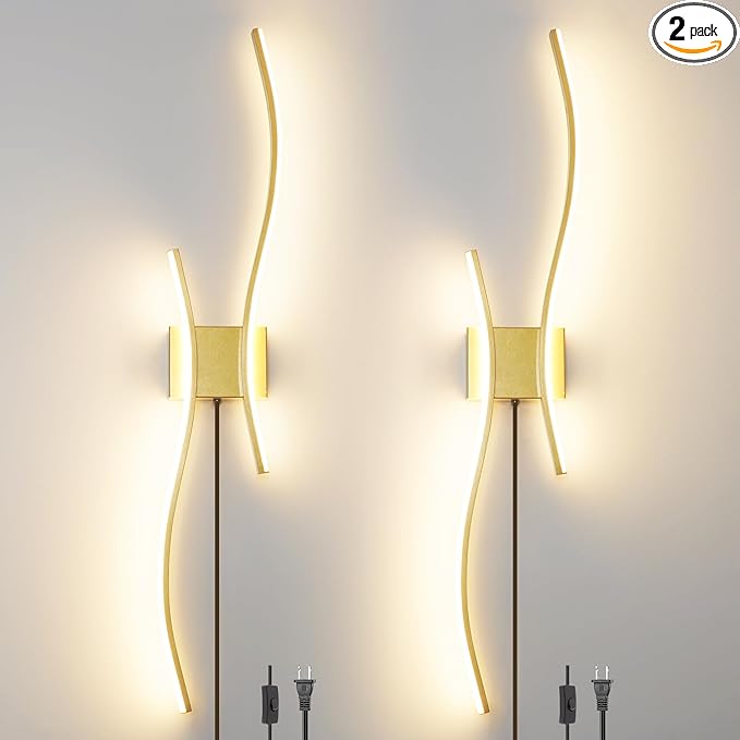 Modern Gold Plug in Wall Sconces Set of 2 - Smart Dimmable LED Wall Lights with Remote, 3CCT Adjustable & Memory Function, Timer Setting - No Wiring Needed for Living Room, Bedroom, Hallway