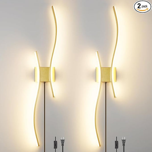 Modern Gold Plug in Wall Sconces Set of 2 - Smart Dimmable LED Wall Lights with Remote, 3CCT Adjustable & Memory Function, Timer Setting - No Wiring Needed for Living Room, Bedroom, Hallway