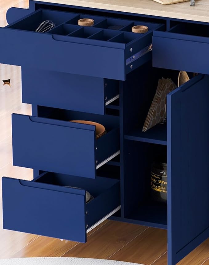 53 Inch Width/18.5 Inch Depth Kitchen Cart with Rubberwood Countertop on 5 Wheels, Rolling Kithcen Island with Storage Cabinet & 8 Handle-Free Drawers & Adjustable Shelf for Kitchen, Dark Blue
