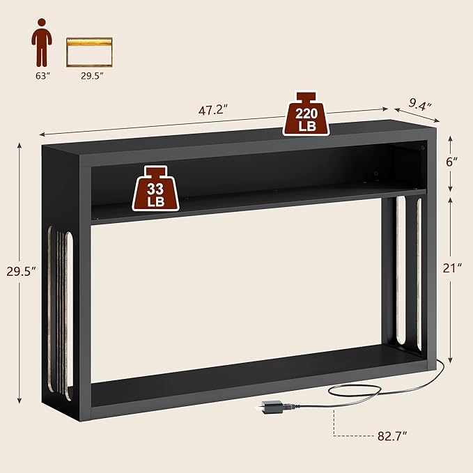 FAVOOSTY 47.2" Farmhouse Console Table with Storage, Entryway Console Table with Led Light, 2-Tier Entryway Table Sofa Table Behind Couch Table Hallway Stand for Living Room,Foyer,Entrance Black