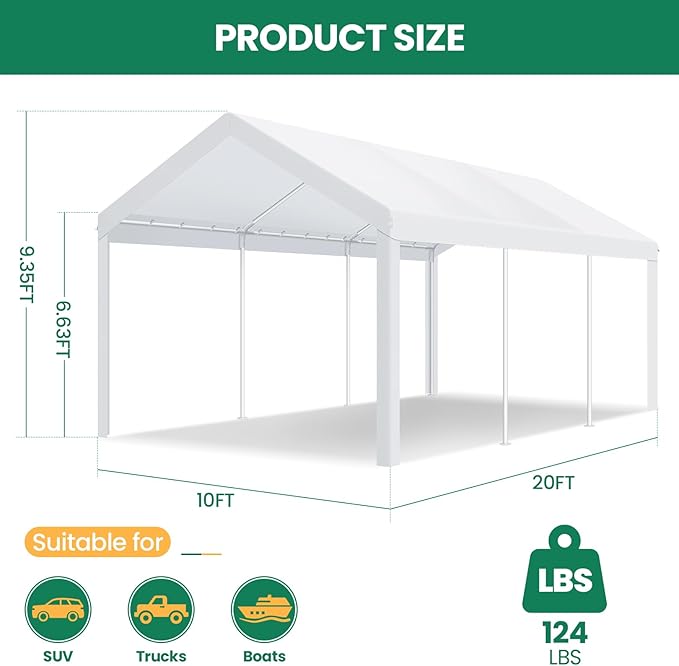 COBIZI Carports 10x20 Heavy Duty Car Tent Garage, Galvanized Frame Car Canopy Outdoor Shelter Waterproof & UV Protected with Windproof Ropes & Built-in Sandbags for Car Truck Boat, White
