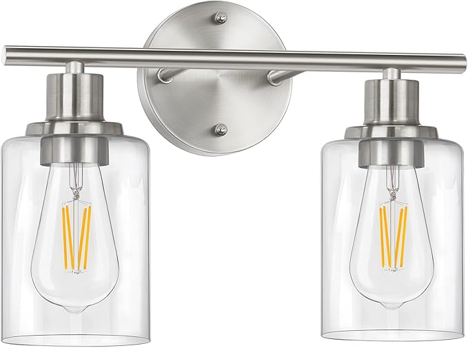 FOLKSMATE Bathroom Light Fixtures, 2-Light Brushed Nickel Vanity Light, Silver Wall Sconce Lighting, Modern Bath Wall Mounted Lighting with Glass Shade, Porch Lamp for Living Room, Bedroom, Hallway