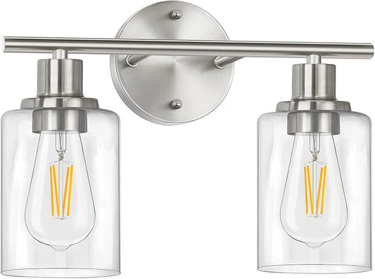 FOLKSMATE Bathroom Light Fixtures, 2-Light Brushed Nickel Vanity Light, Silver Wall Sconce Lighting, Modern Bath Wall Mounted Lighting with Glass Shade, Porch Lamp for Living Room, Bedroom, Hallway