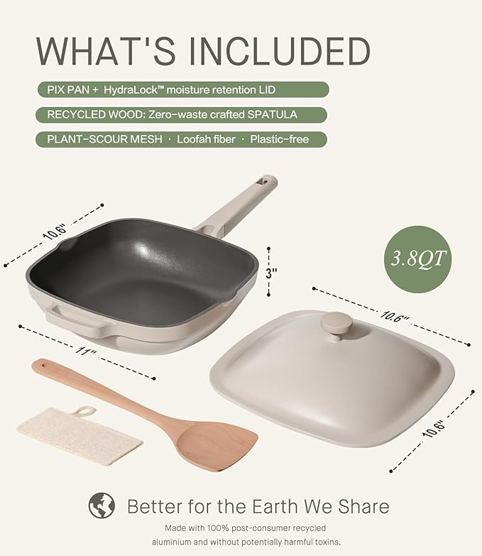 10.5 Inch(3.8QT) Ceramic Pan with Lid,Non Stick Frying Pans Cast Aluminum Deep Sauté Pans,Ti-Ceramic Non Toxic Pix Pan with Wooden Spatula and Scrubber-Morning Mist