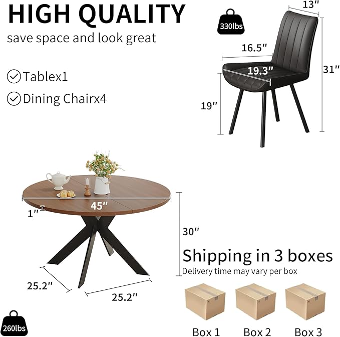 45.3" Walnut Round Dining Table Set with 4 Chairs – Mid-Century Modern Small-Space Kitchen & Dining Room Furniture for Apartment or Breakfast Nook (Boxwood – Table + 4 Black Chairs)