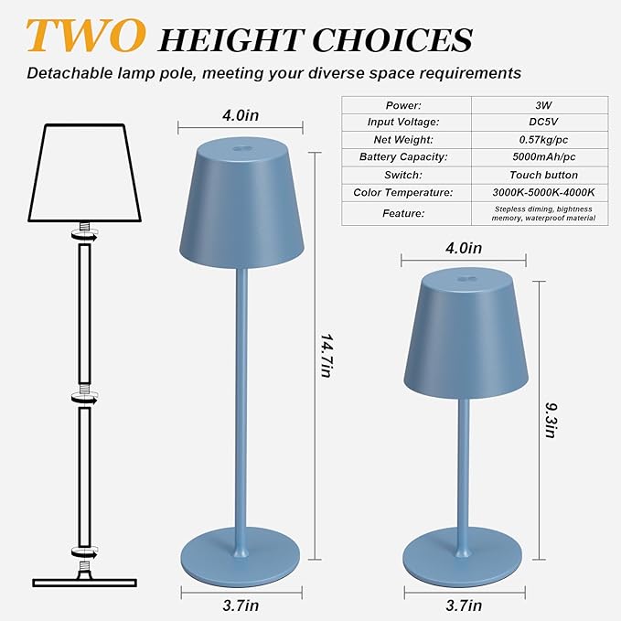 Kakanuo Cordless Table Lamp Rechargeable Blue - KK 2 Pack 5000mAH Battery Operated Lamp for Dining Table, 3 Color Stepless Dimming Wireless Lamp for Counter, Outdoor Patio, Touch Control