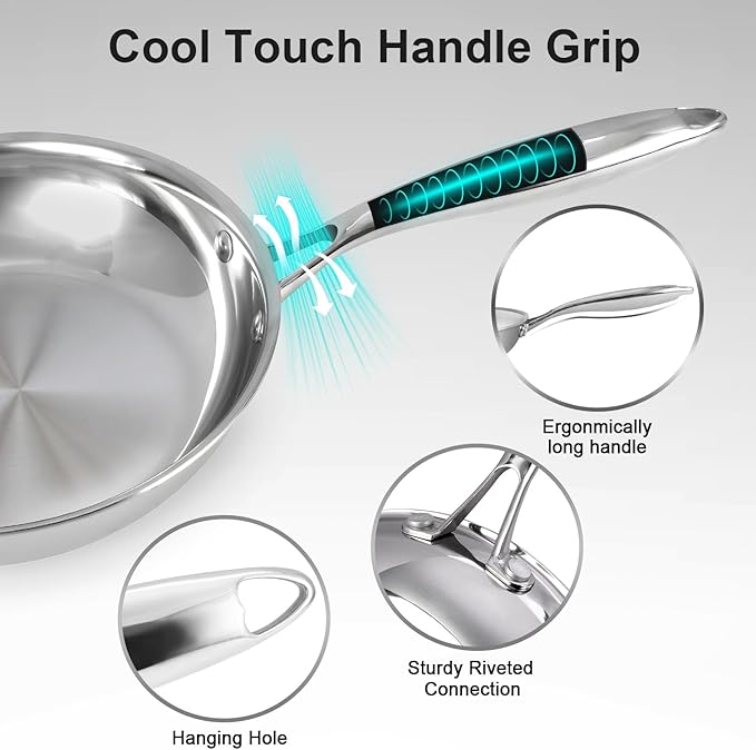 Fry Pan Set of 2 | 8" & 10" Tri-Ply Stainless Steel Frying Pan, Oven & Dishwasher Safe Classic Cooking Pan Cookware