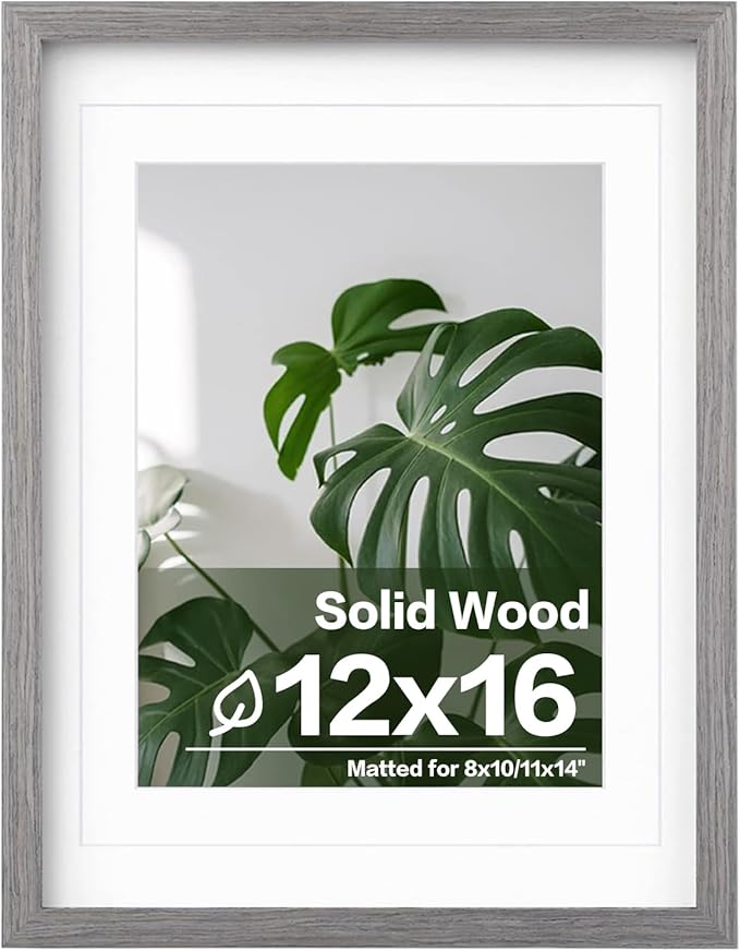 Egofine 12x16 Picture Frame Made of Solid Wood with Plexiglass, Display Pictures 9x12/11x14 with Mat or 12x16 Without Mat for Wall Mounting, Oak Grey
