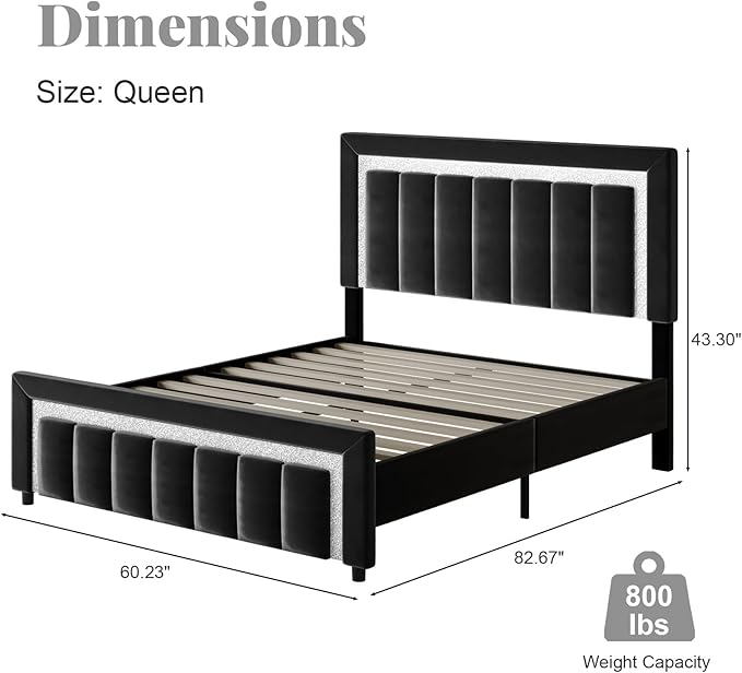 HOMBCK Queen Bed Frame with Headboard, Modern Platform Bed Frame with Velvet Upholstered Footboard and Sturdy Wooden Slats Support, Mattress Foundation, No Box Spring Required, Easy Assembly, Black