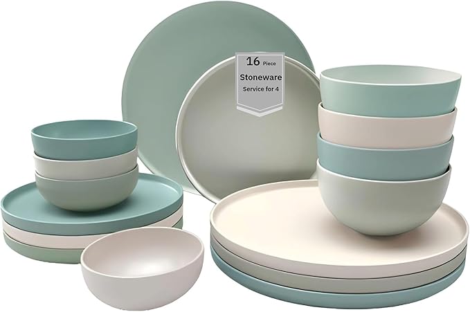 Sango Rollo 16-Piece Artist's Blend Casual Stoneware Dinnerware Set- Service for 4, Includes Larger & Smaller Bowls, Microwave & Dishwasher Safe, for Everyday Dining & Entertainment