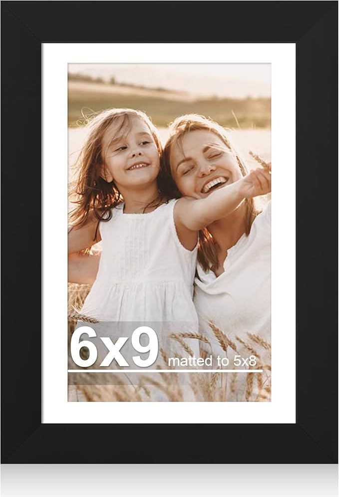 6x9 Picture Frame with Glass, Display Pictures 5x8 with Mat or 6 x 9 without Mat - Wall and Tabletop, 6 by 9 Photo Wooden Frames (Black, 1 Pack)