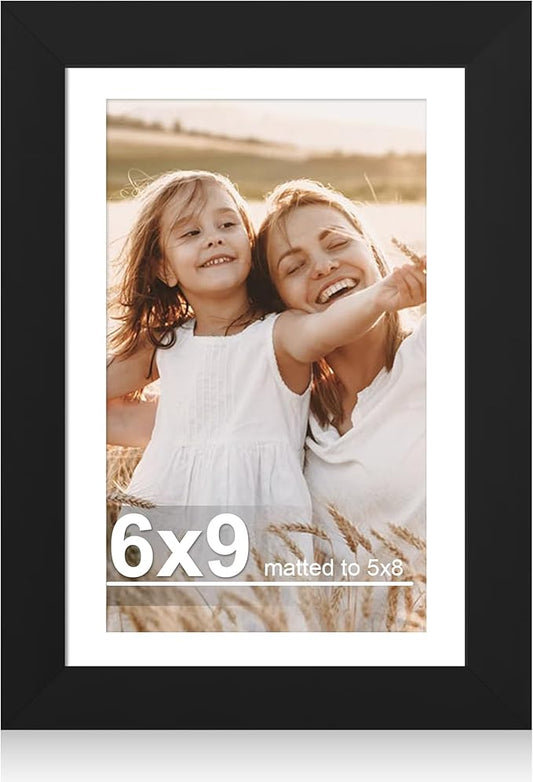 6x9 Picture Frame with Glass, Display Pictures 5x8 with Mat or 6 x 9 without Mat - Wall and Tabletop, 6 by 9 Photo Wooden Frames (Black, 1 Pack)