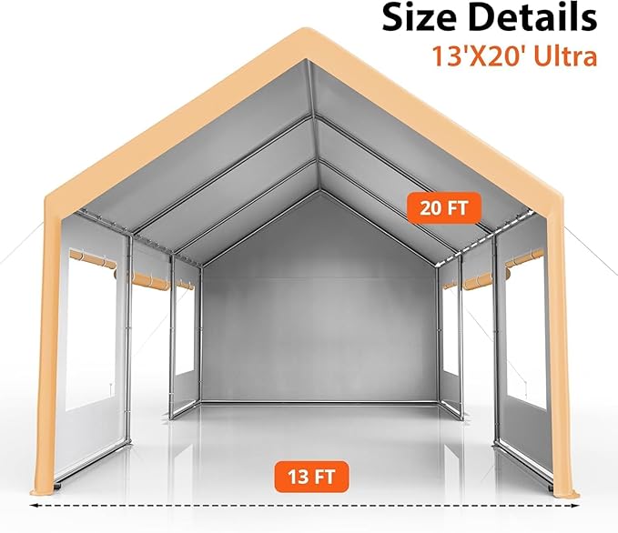 13x20 Ft. Metal Carport Garage with PE Fabric and Galvanized Steel Frame Outdoor Shelter for Cars, Trucks and Boats with 4 Doors and Mesh Windows for Ventilation - Yellow