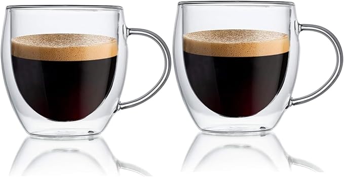 Espresso Cups Set Of 2, Double Walled Glass Coffee Mugs with Handle,Insulated Layer Coffee Cups,Clear Borosilicate Glass Mugs,Perfect for Cappuccino,Tea,Latte,Espresso (8oz-2Pack)