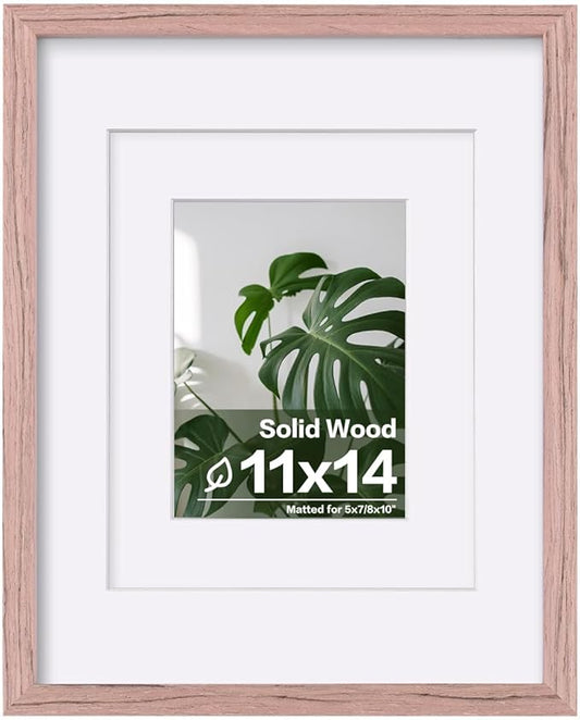 Egofine 11x14 Picture Frame Made of Solid Wood Covered by Plexiglass, Display Pictures 5x7/8x10 with Mat or 11x14 Without Mat for Table Top Display and Wall Mounting Photo Frame, Peach Pink