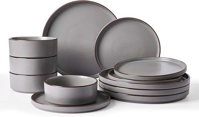 Famiware Nebula Ridge Stoneware Dinnerware Sets, Plates and Bowls Sets for 4, 12 Pieces Dishes Set, Microwave and Dishwasher Safe Kitchen Plates, Dark Gray