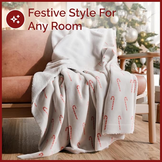 Christmas Sherpa Blanket Throw Size - Reversible Sherpa Fleece Blanket - Super Soft Double Sided Throw for Bed, Sofa, Couch - Thick, Warm, Soft & Plush - Cozy Xmas Winter Bedding - Candy Cane, 50x60