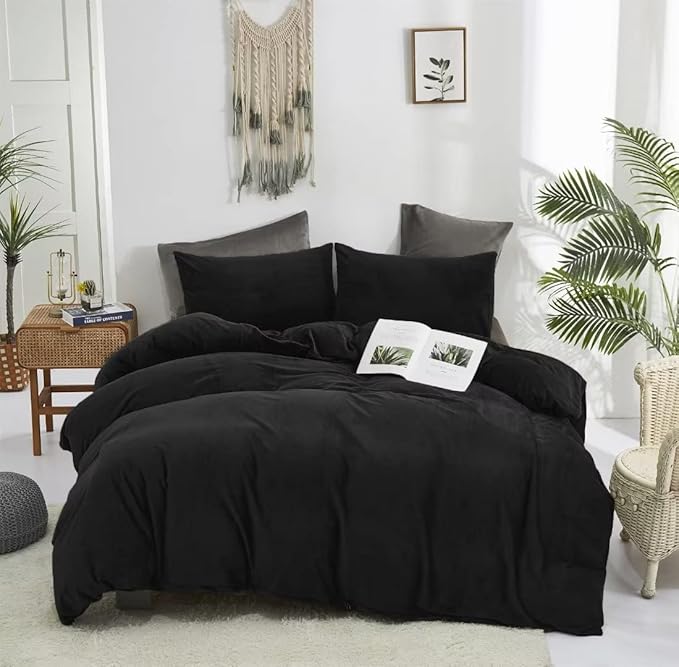 CLOTHKNOW Black Velvet Twin/Twin XL Comforter Set 3Pcs Black Bedding Comforter Sets Fluffy Soft Cozy Black Comforter with 2 x Pillowcases