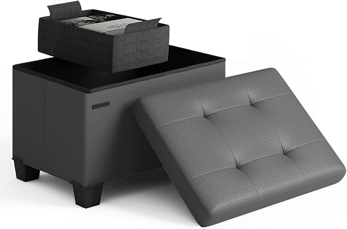 STORAGEBUD Storage Ottoman Cube with Small Bin, 16-in Square Ottoman with Storage for Living Room and Bedroom, Small Ottomans Foot Rest, Faux Leather Foot Stools Ottomans Max 330lbs, Grey