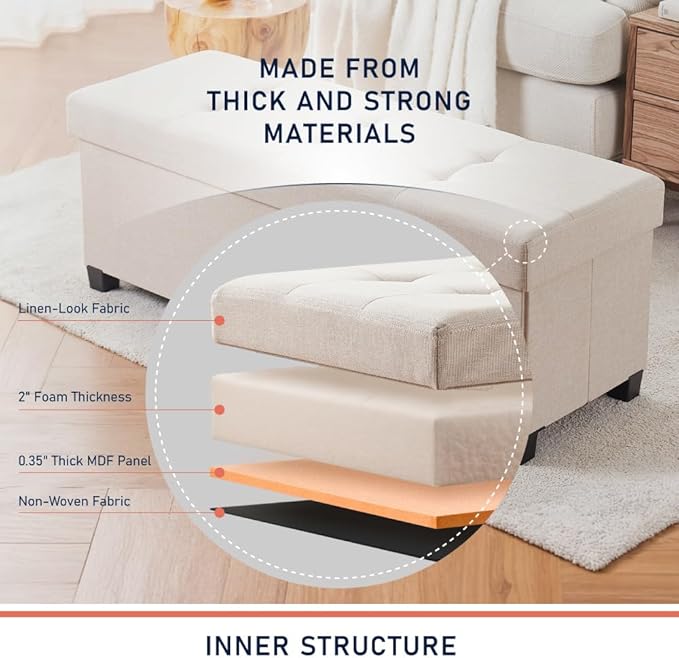 Ornavo Home 43 Inch Storage Ottoman, Large Storage Bench, Ottoman with Storage with Legs, Foot Rest Stool, Bedroom Bench - Beige