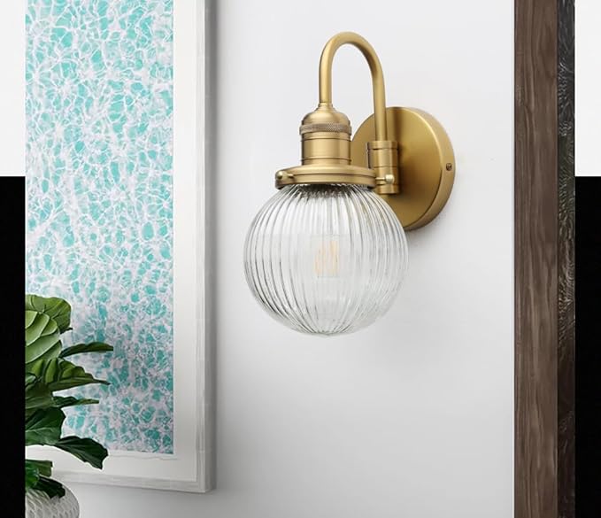 Industrial Vintage Gooseneck 1-Light Wall Sconce with 5.9" Round Ribbed Clear Glass Globe Lampshade Indoor Wall Mounted Lamp Fixture for Bedroom Living Room Bathroom Vanity