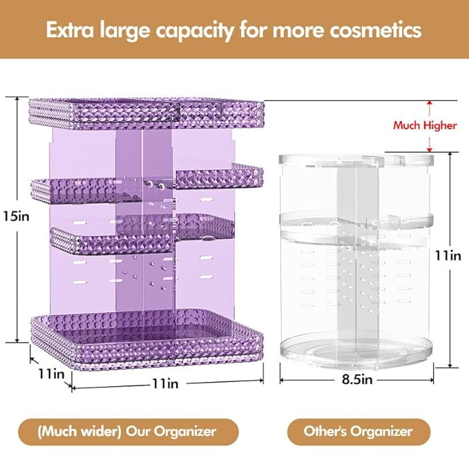 Makeup Perfume Organizer - 360 Rotating Acrylic Cosmetic Storage Make Up Organizer with Lazy Susan for Vanity & Dresser Countertop (Purple)