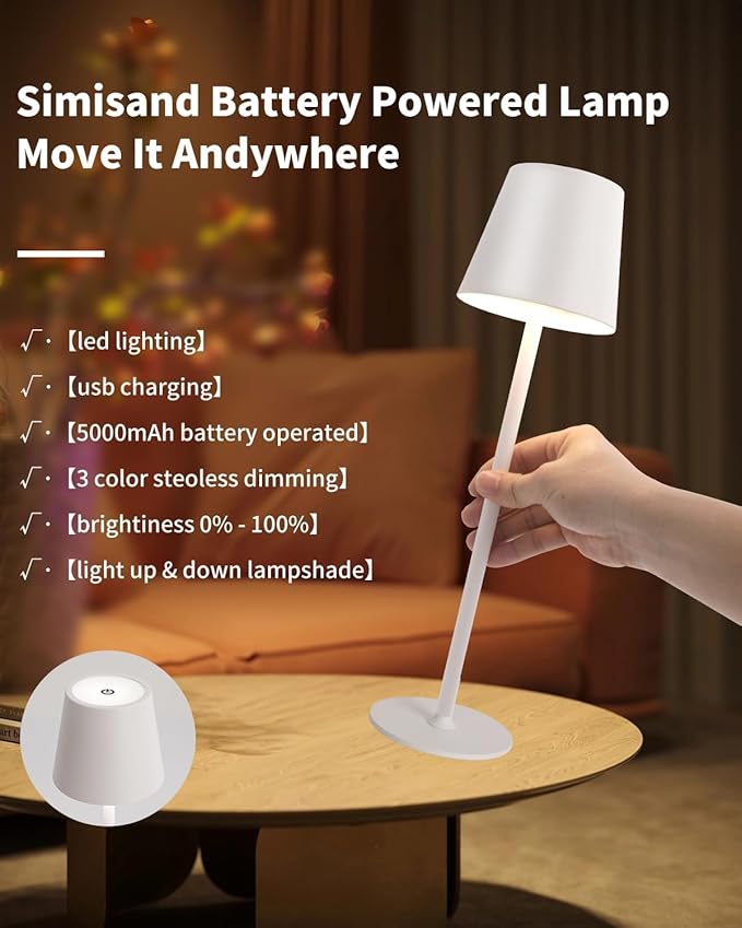 Cordless Table Lamp LED Desk Lamp,5000mAh Rechargeable Touch Night Light Lamp,Wireless Minimalist Design for Restaurant/Bedroom/Bars/Outdoor Party/Camping/Coffee Shop(White)
