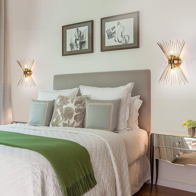 VILUXY Mid-Century Wall Sconces Antique Brass Brush Paint Finish Bedside Wall Sconce Lighting Fixture with Starburst Shade for Bedroom, Hallway, Entryway, Passway, Bathroom, Vanity 2 Pack