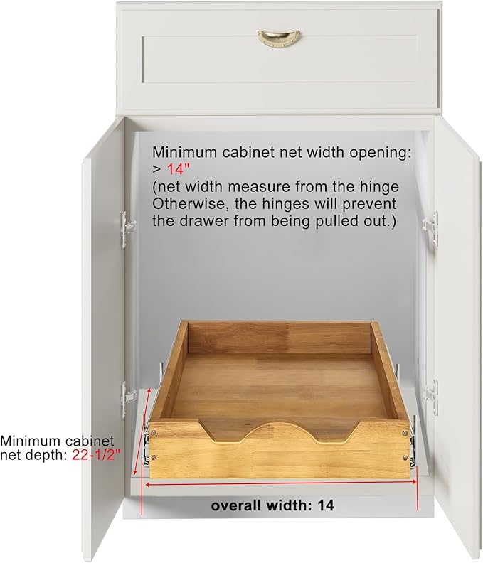 DINDON 1 Tier Pull Out Cabinet Organizer (14" W x 21" D) Single Tier Heavy Duty Sliding Wood Drawer Under Cabinet Shelf Organization Storage