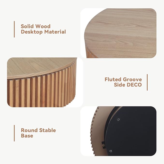 Round Coffee Table for Living Room, Accent Fluted Drum Coffee Table with Storage, Modern Solid Wood Veneered Circle Center Tea Table for Small Space Apartment (31.5''D×14''H-Natural)