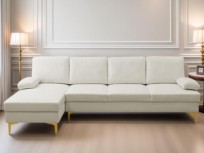 L Shaped Sectional Couch, Modern Modular Sectional Sofa with Chaise, 4 Seat Lounge Comfy L Shaped Couch Set with High Density Memory Foam for Living Room Apartment, White