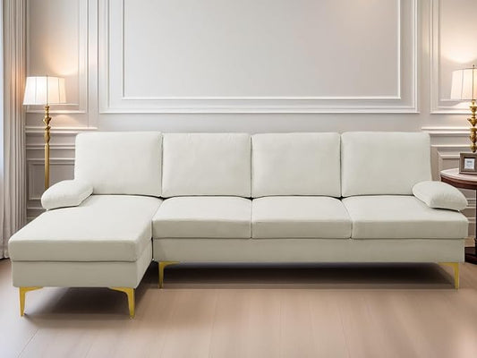 L Shaped Sectional Couch, Modern Modular Sectional Sofa with Chaise, 4 Seat Lounge Comfy L Shaped Couch Set with High Density Memory Foam for Living Room Apartment, White