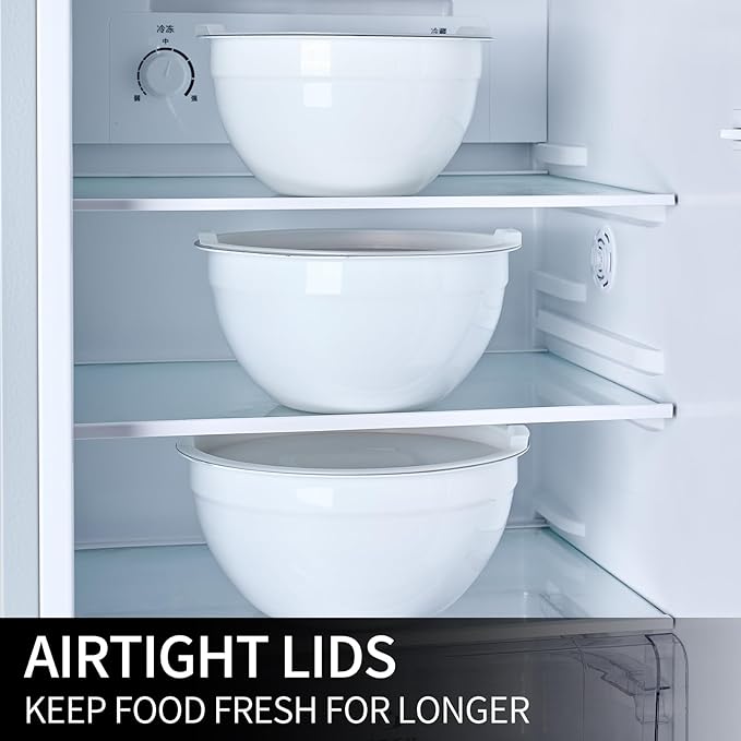 White Mixing Bowls with Lids Set of 7, Stainless Steel Nesting Bowl with Khaki Lid for Non-slip Mixing Prepping Storing Serving, 7 Sizes-7/3.6/2.7/2.1/1.5/1/0.8 QT