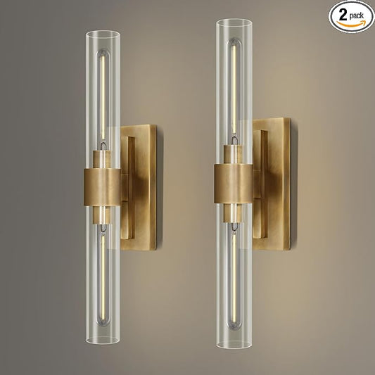 Wall Sconces Set of Two, Brass Wall Lights for Bathroom Vanity, 22.8" Gold Sconces 2-Light, Indoor Brass Wall Sconces for Bathroom Mirror, Vanity, Bedroom, Living Room