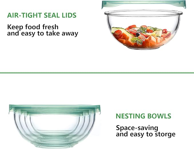 WhiteRhino Glass Mixing Bowl with Lids Set of 4,(1,1.5,2.5,3.7) Large Salad Bowl,Space-Saving Stacking Bowl for Kitchen Food Storage,Glass bowl for Cooking,Baking