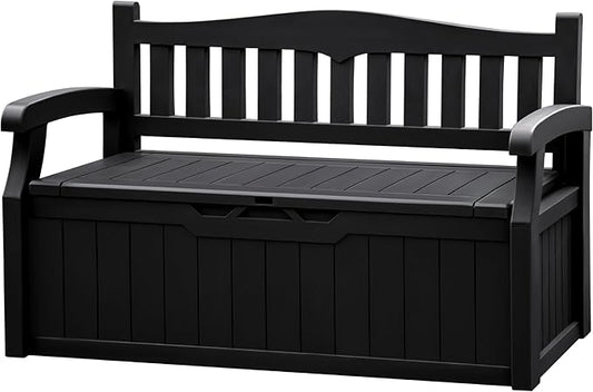 JUMMICO 80 Gallon Resin Outdoor Storage Bench, Large Deck Box with Armrest, Lockable & Waterproof for Garden, Home, Patio, Pools (Black)